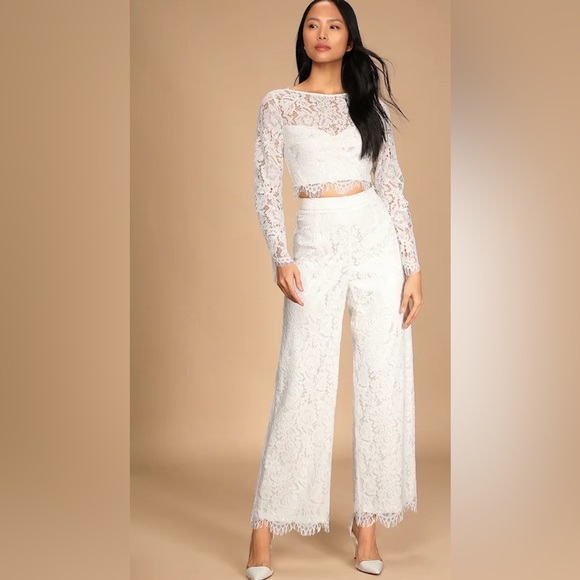 Lulus Pants - NWT Lulus Level of Love Ivory Lace Long Sleeve Two-Piece Set - Size Small